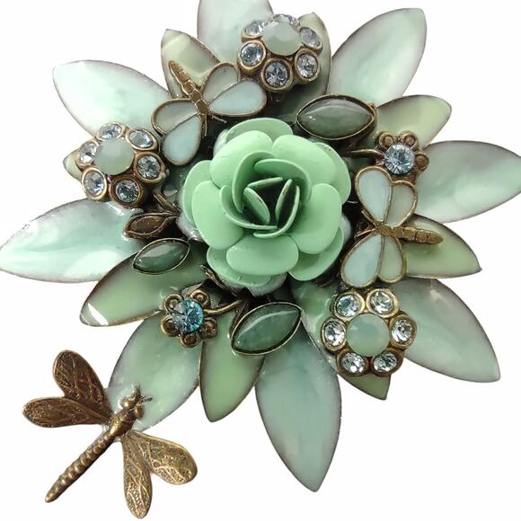 Floral & Dragonfly Brooch Enamel Encrusted Rhinestones Green Blue Flower Bee Pin - Picture 3 of 11